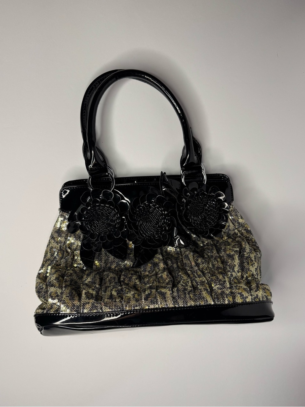 Y2K Cheetah Print Sequin Purse Black Patent Floral Shoulder Bag